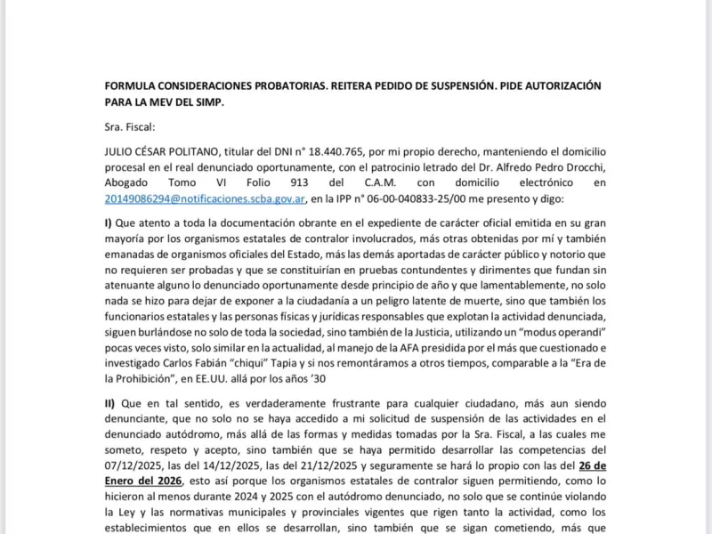 Graves denuncias sobre el autódromo de La Plata: Politano exige su clausura, hasta cumplir la ley